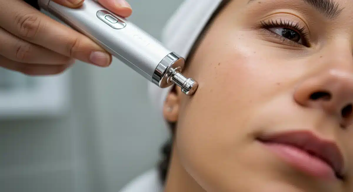 Woman using a microcurrent facial device for skin lifting