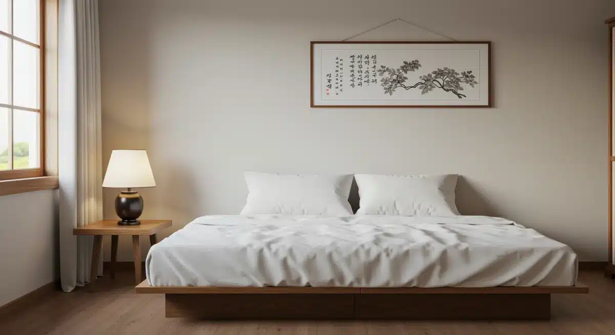 Minimalist Korean bedroom with low platform bed and subtle art