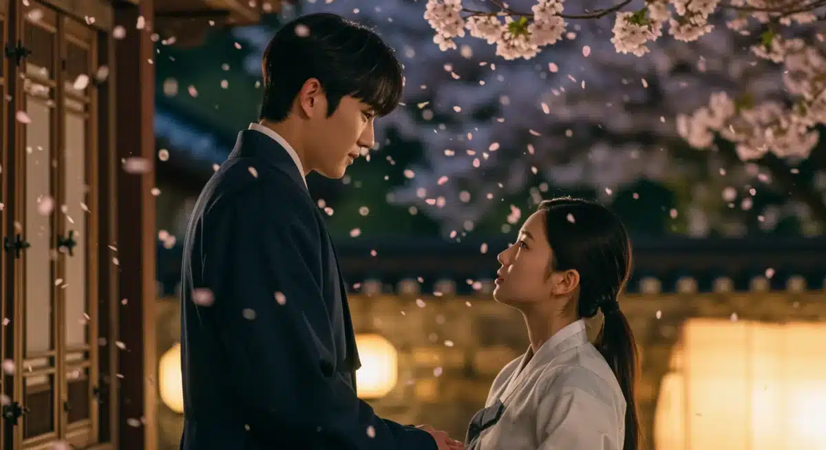 Romantic K-drama scene with leads under cherry blossoms.