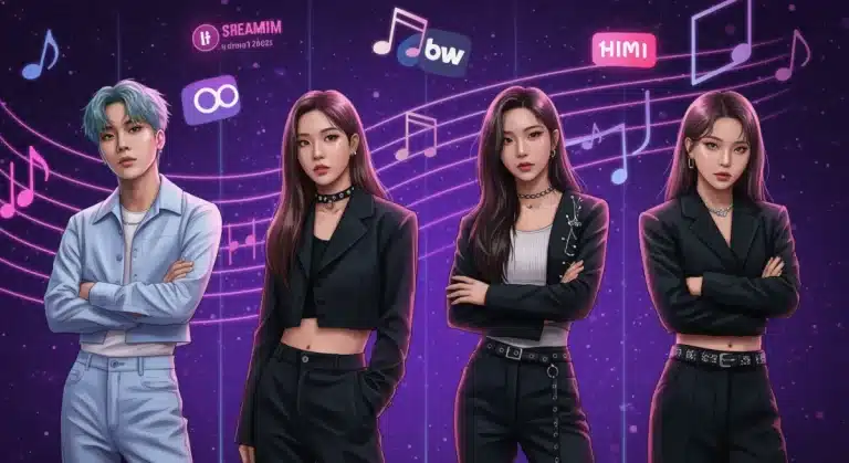 Four solo K-Pop artists, diverse and stylish, celebrating their breakthrough success on US streaming charts in 2026.