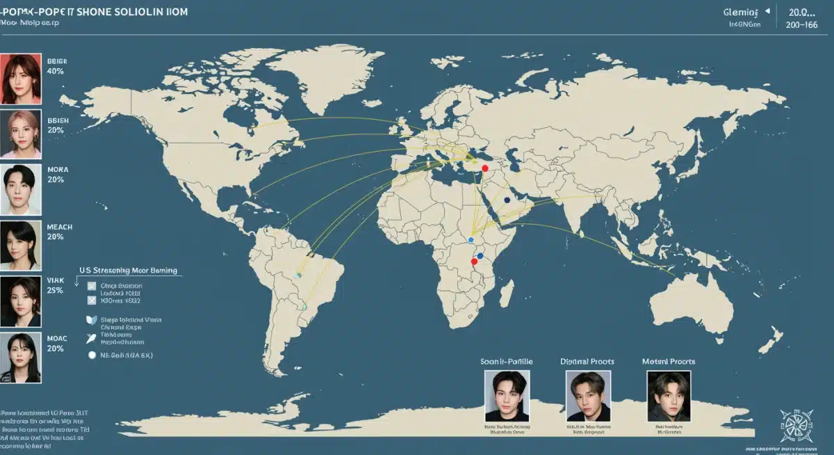 World map illustrating the global reach of solo K-Pop artists, with a focus on US streaming chart dominance.