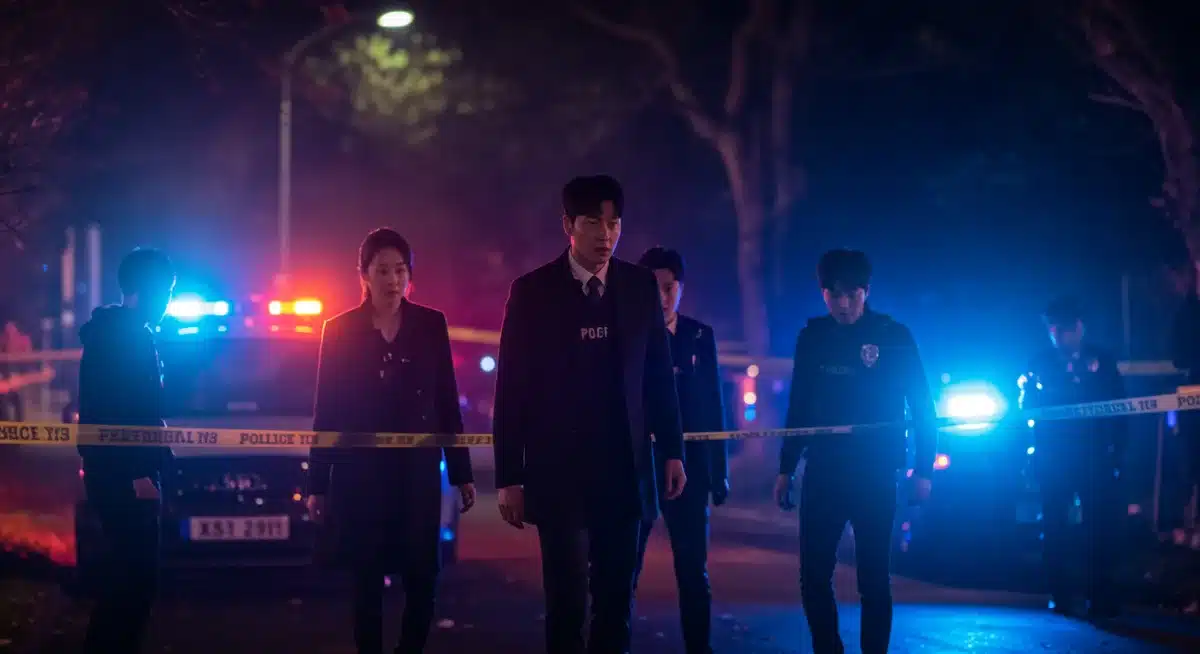 K-drama thriller scene with detectives at a crime scene.