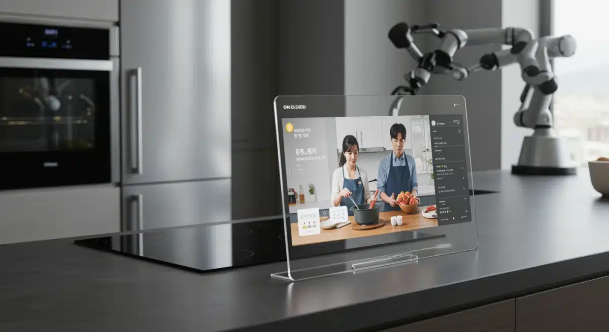 Transparent OLED kitchen display showing K-Drama recipe with smart appliances.