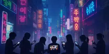 Futuristic cityscape with people watching K-dramas, symbolizing 2026 K-Drama trends and global reach.