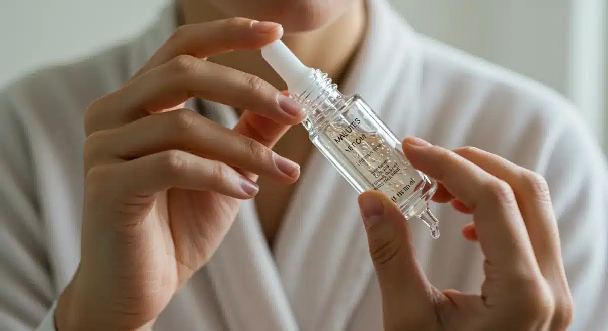 Applying a hydrating serum, showcasing advanced Korean skincare product application.