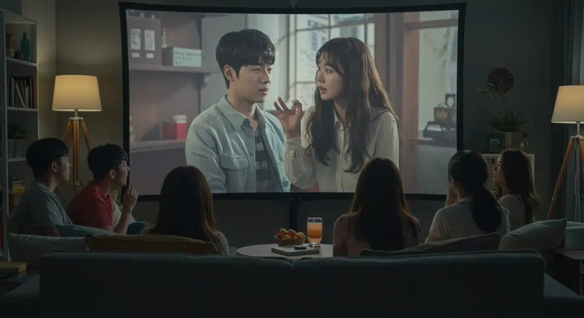 Diverse audience watching K-Drama, symbolizing global appeal and changing viewing habits.