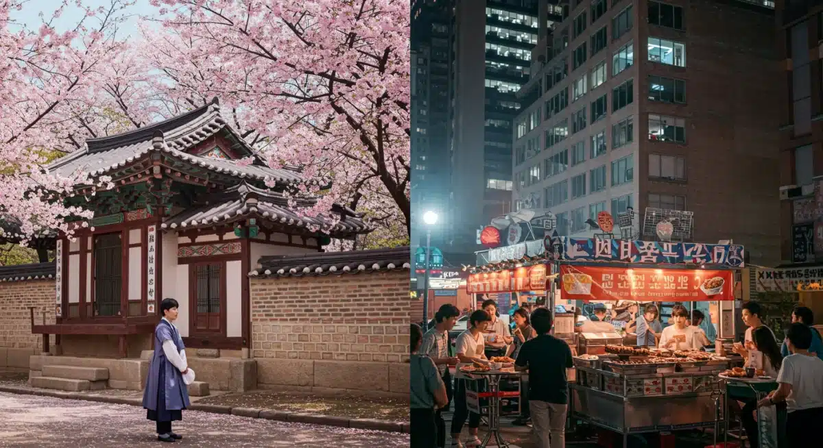 Split image of traditional Korean culture and modern American life, illustrating K-drama's cultural fusion.