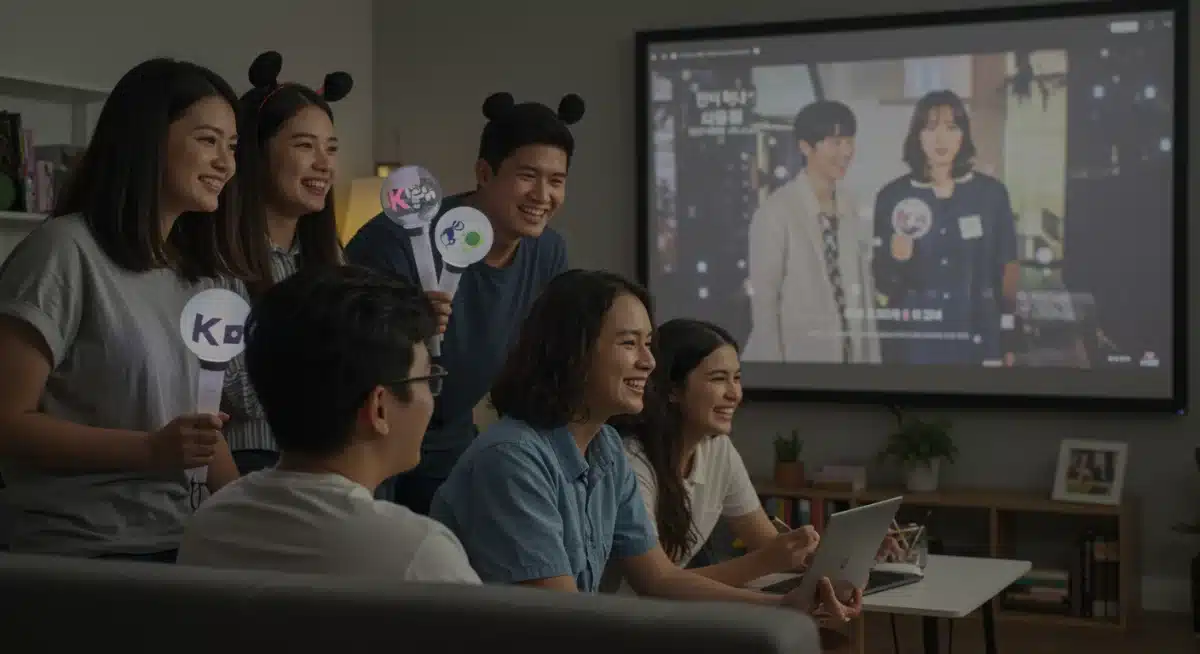 Diverse K-drama fans engaging in lively discussion, showcasing community and cultural exchange.