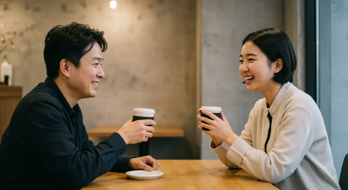 Language exchange partners practicing Korean in a cafe