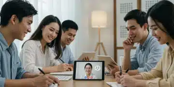 Students learning Korean language with tablets and notebooks