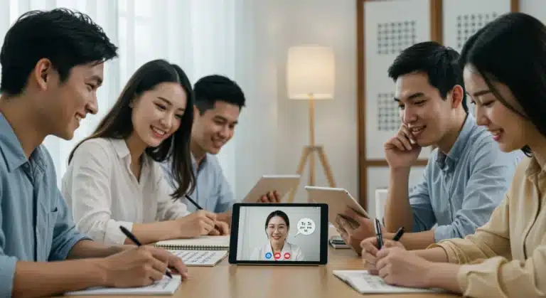 Students learning Korean language with tablets and notebooks