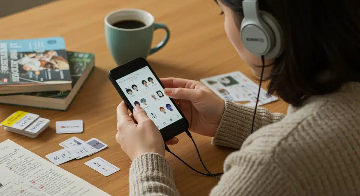 Person studying Korean with headphones and flashcards