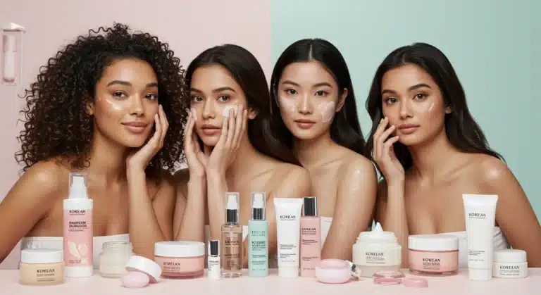 Women with glowing skin using Korean skincare products, representing the K-drama glow trend.