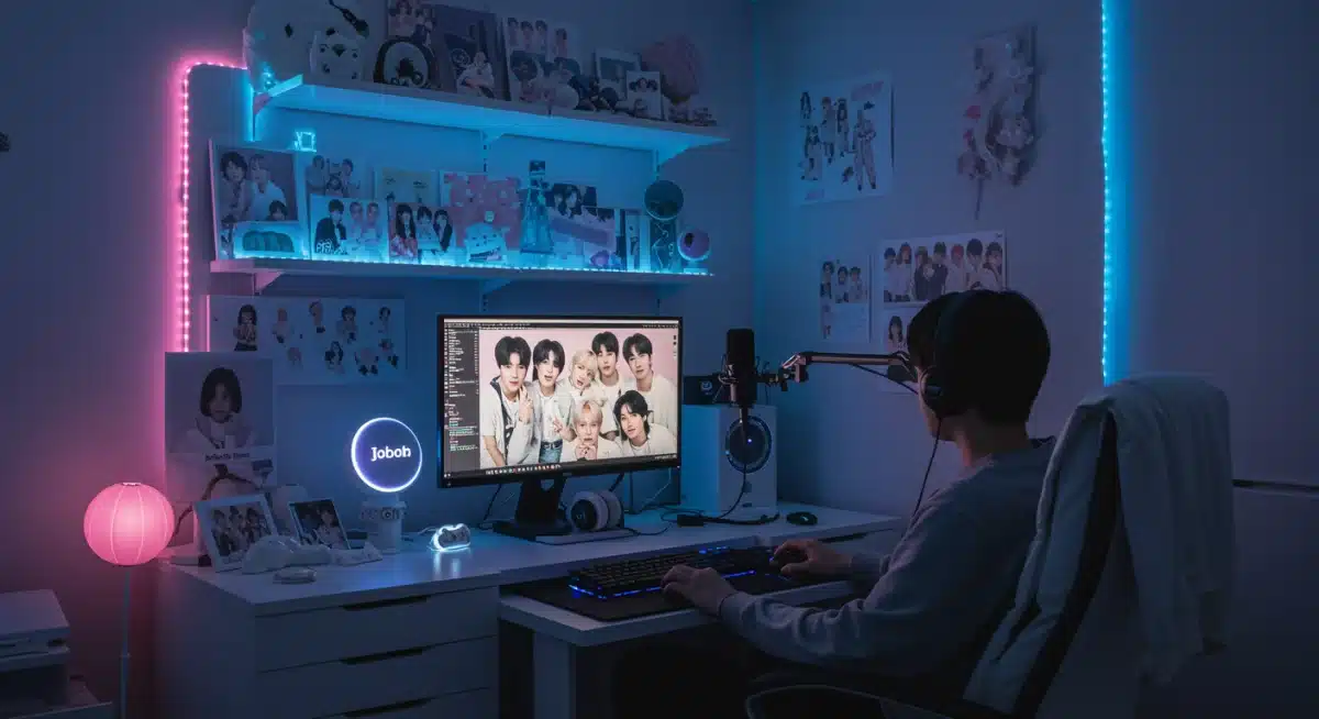 Dedicated K-Pop fan zone with merchandise, streaming setup, and customizable smart lighting.