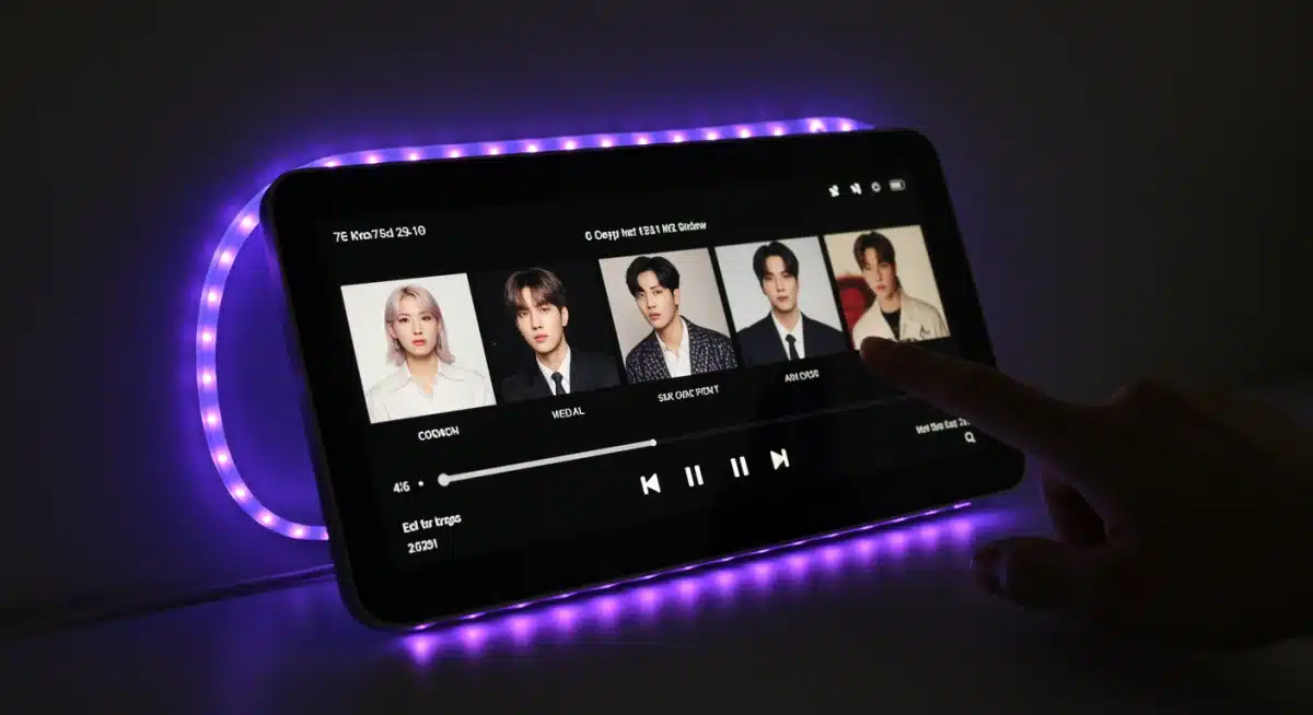 Smart display showing K-Pop playlist with synced ambient lighting for a personalized fan experience.