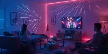 Futuristic living room with dynamic K-Pop lighting and smart home devices for an immersive fan experience.