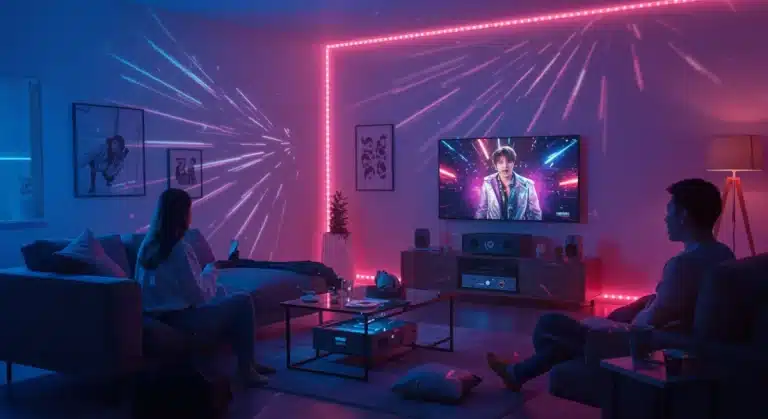 Futuristic living room with dynamic K-Pop lighting and smart home devices for an immersive fan experience.