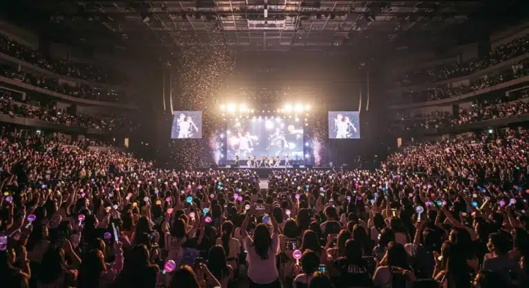 K-Pop group performing live on stage at a sold-out US arena concert, with enthusiastic fans.