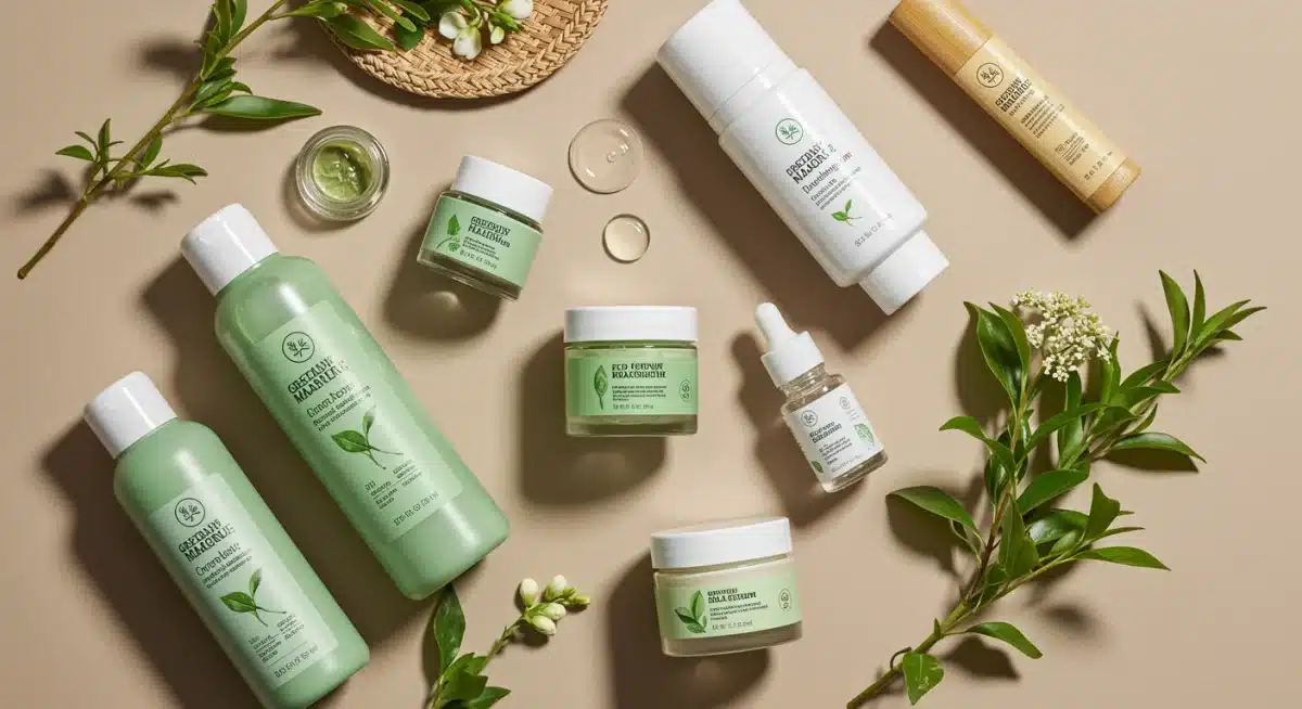 Eco-friendly Korean skincare products with natural ingredients in sustainable packaging.