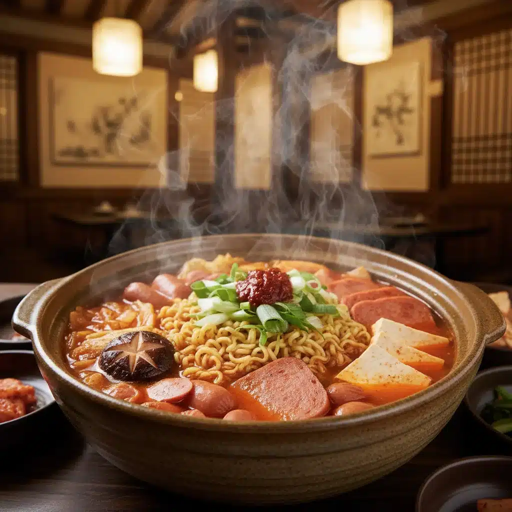 Hearty and colorful Budae Jjigae, a Korean army stew, with ramen and various meats.