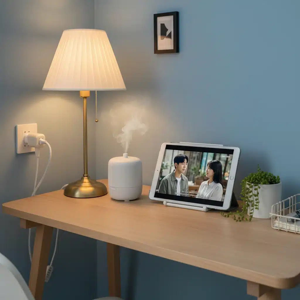 Budget-friendly smart workspace with smart plug, diffuser, and K-Drama on tablet.
