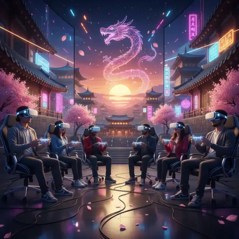 Gamers in VR headsets experiencing immersive K-Culture virtual reality