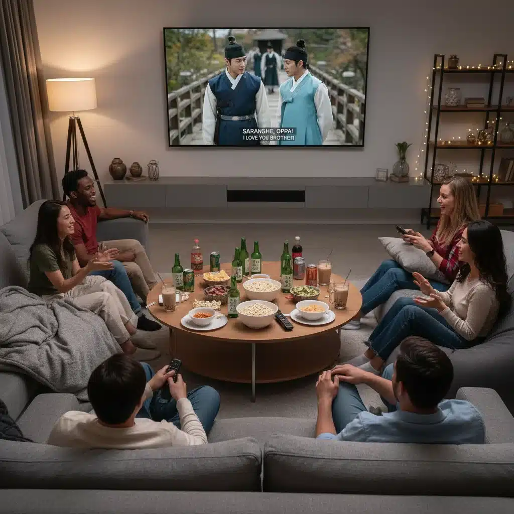 Diverse audience captivated by a K-drama on a large TV screen