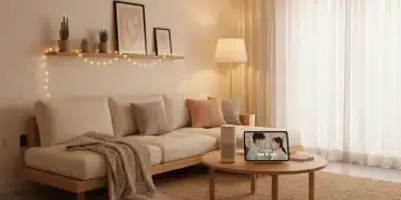 K-Drama inspired smart living room with smart lights and minimalist decor.