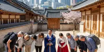 American tourists learning and practicing traditional Korean bowing etiquette in a scenic Korean village.