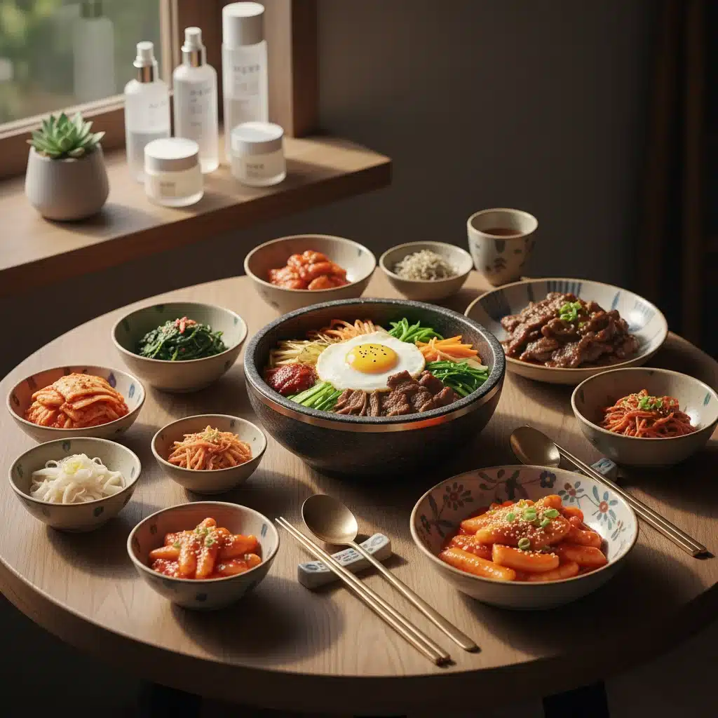 Exquisitely presented Korean dishes on a table, highlighting the global appeal of Korean cuisine and beauty trends.