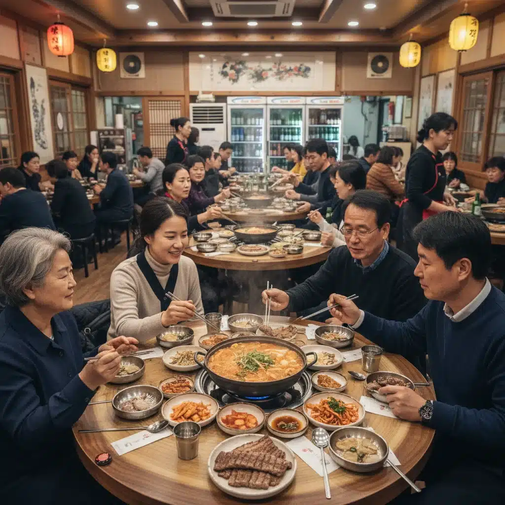 Group of friends and family enjoying a Korean meal, practicing proper dining etiquette with shared dishes.