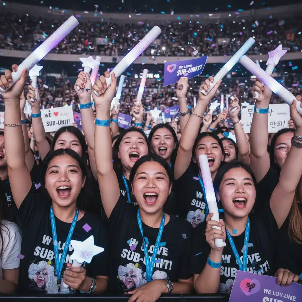 Enthusiastic K-Pop fans cheering at a concert with lightsticks, showcasing strong fan engagement.