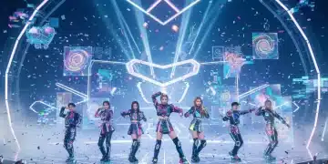 Futuristic K-Pop idols performing on a stage with neon lights and holographic projections, showcasing advanced music video aesthetics.