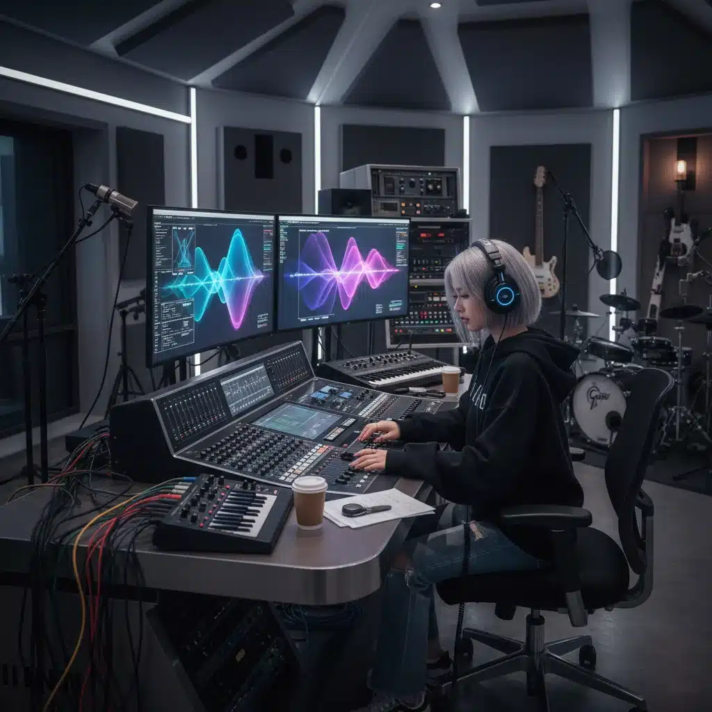 K-Pop idol in a recording studio, highlighting creative freedom and music experimentation.