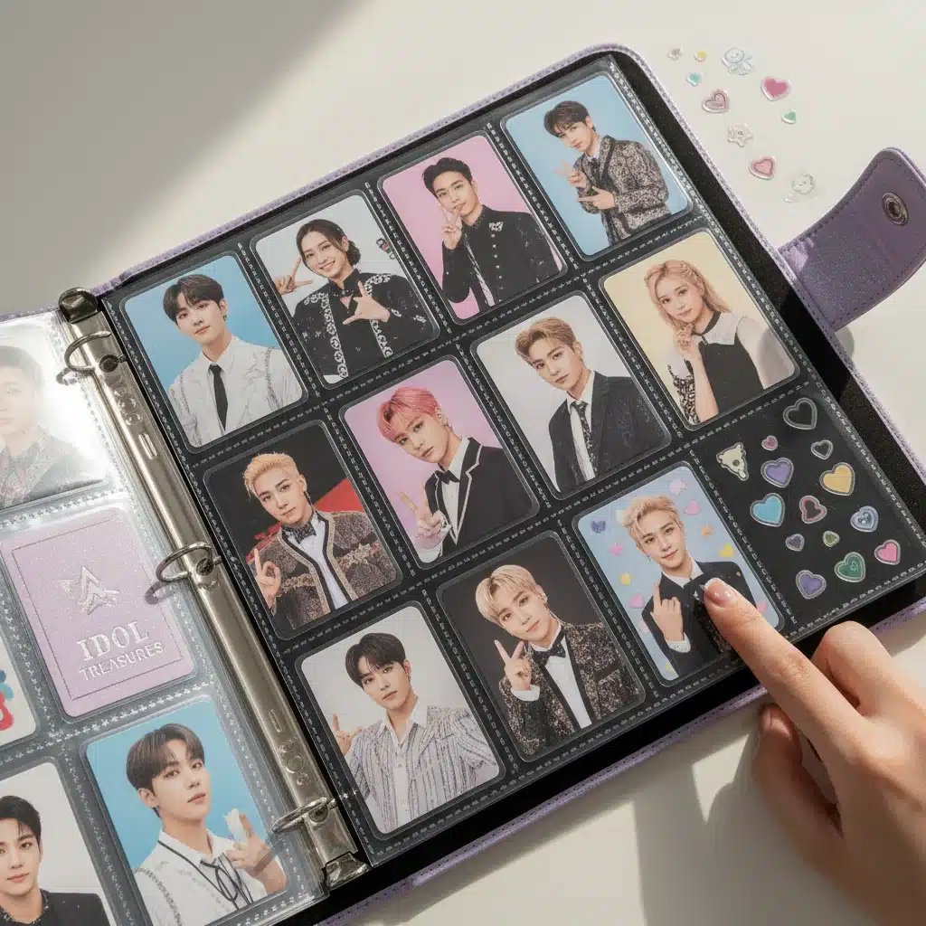 K-Pop photocard binder with protective sleeves and idol photocards