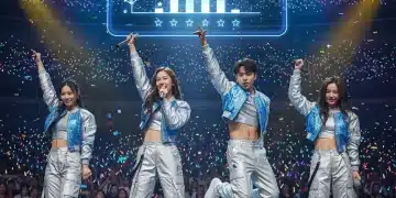 Dynamic K-Pop sub-unit performing on stage, symbolizing their chart success and rising popularity.