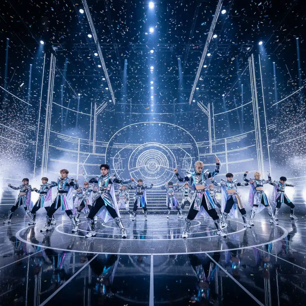 Synchronized K-Pop dance performance on a grand stage with elaborate costumes and complex lighting.