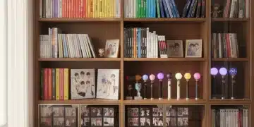 Organized K-Pop merchandise collection with albums, photocards, and lightsticks