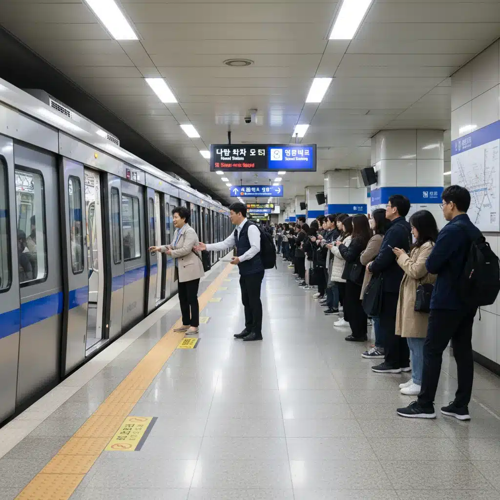Passengers respectfully waiting for a subway train in a clean Seoul station, adhering to public transport etiquette.