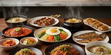 Diverse spread of 10 unique Korean dishes, artfully presented, ready to be sampled.