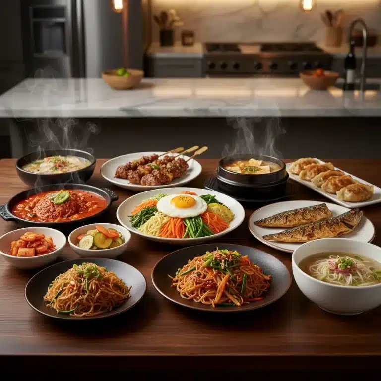 Diverse spread of 10 unique Korean dishes, artfully presented, ready to be sampled.