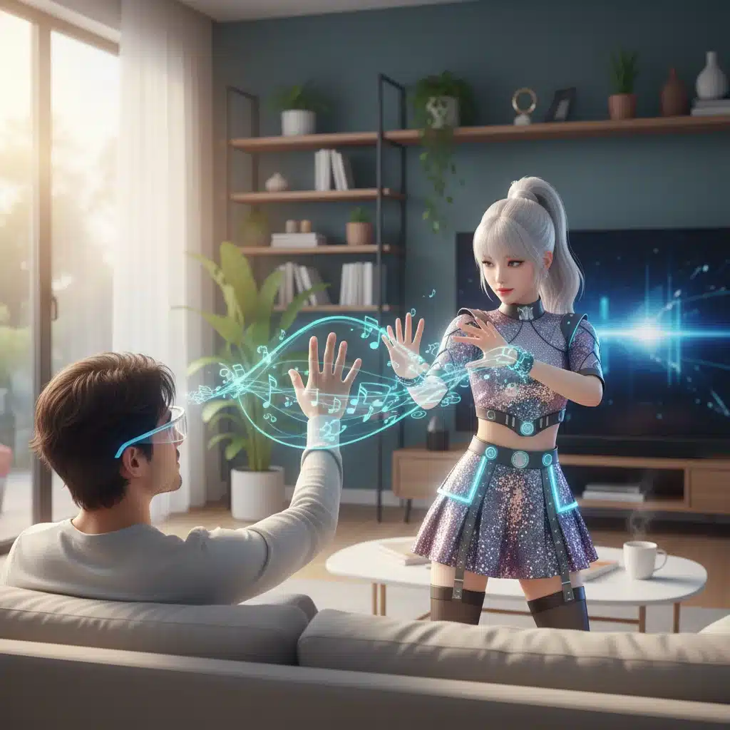 Person using AR glasses to interact with a virtual K-Pop idol in their living room.
