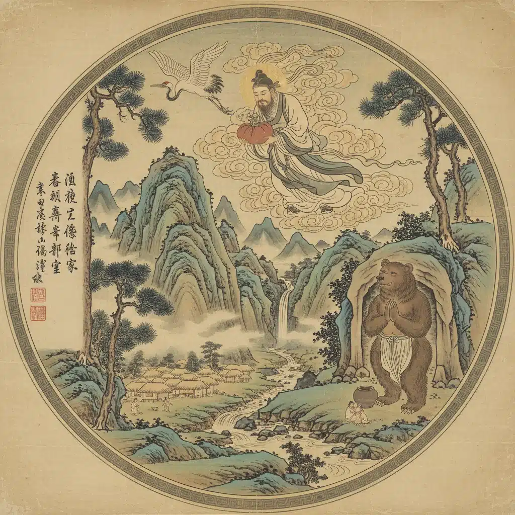 Traditional Korean artwork illustrating the Dangun creation myth, featuring celestial figures and a bear-woman.