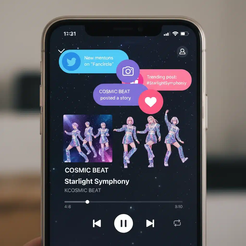 Smartphone displaying K-Pop song on a streaming app, with social media notifications.