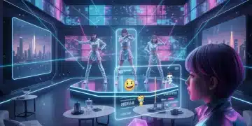 Futuristic living room with holographic K-Pop concert and synchronized smart lightsticks.