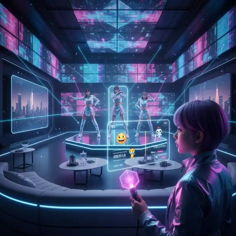 Futuristic living room with holographic K-Pop concert and synchronized smart lightsticks.