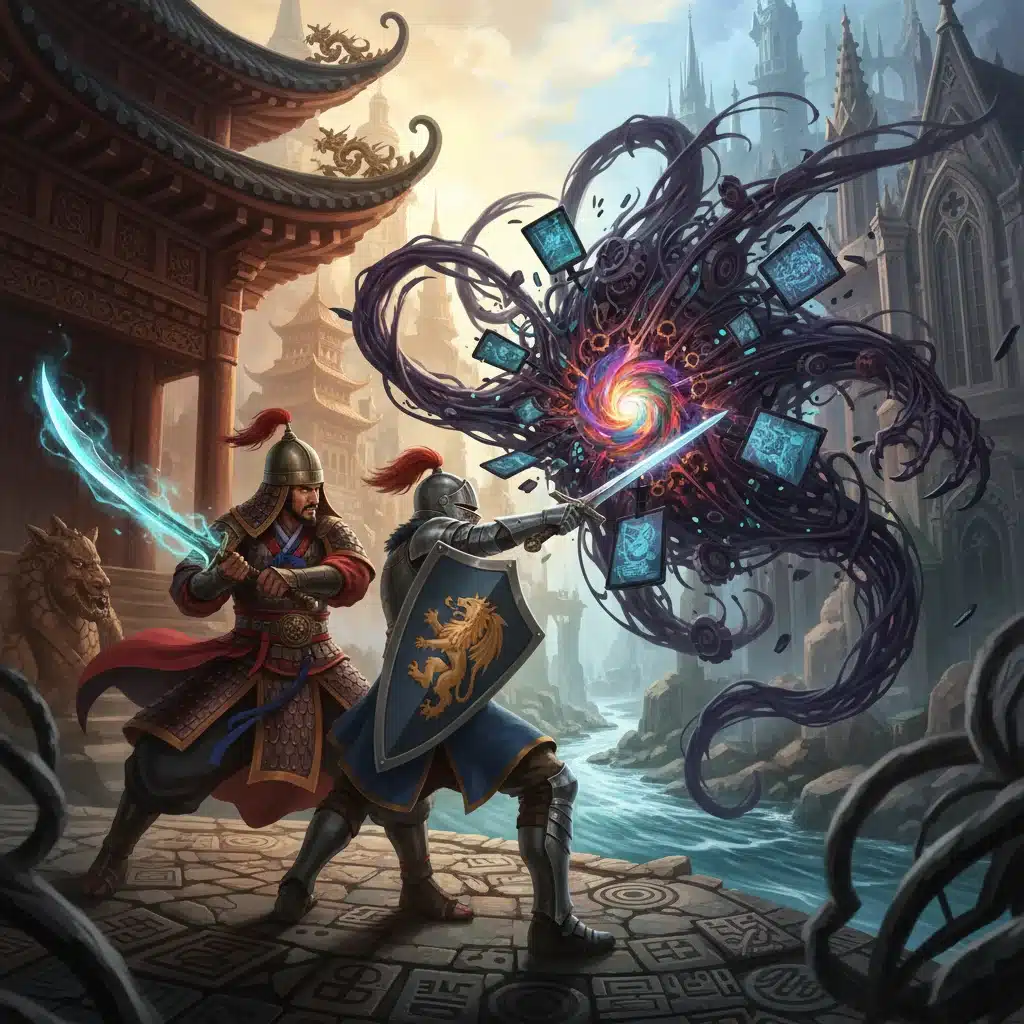 Illustration of a Korean hero and a Western knight on a heroic journey, merging cultural elements.