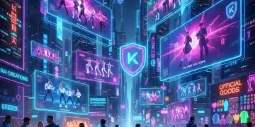 Futuristic K-Culture digital identity with holographic screens and fan interactions.