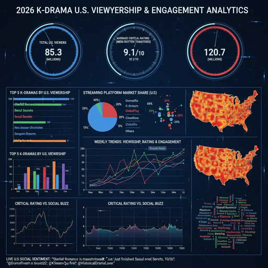Data analytics and graphs showing global and US viewership trends for 2026 K-dramas