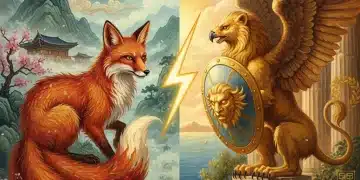 Stylized depiction of a Korean mythical fox and a Greek goddess, symbolizing cultural comparison.